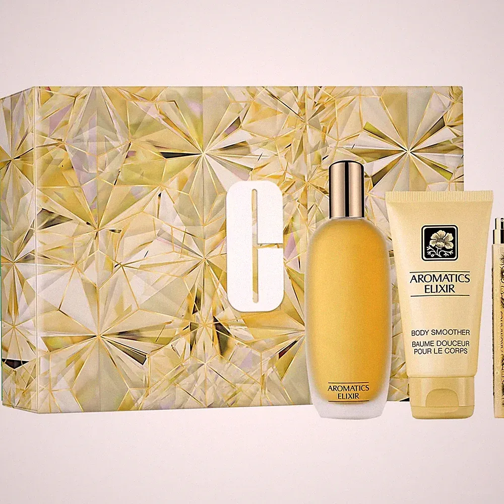 Clinique Aromatics Elixir 3pc Set: 3.4oz Perfume Sp, 2.5oz Smoother, .34oz Spray