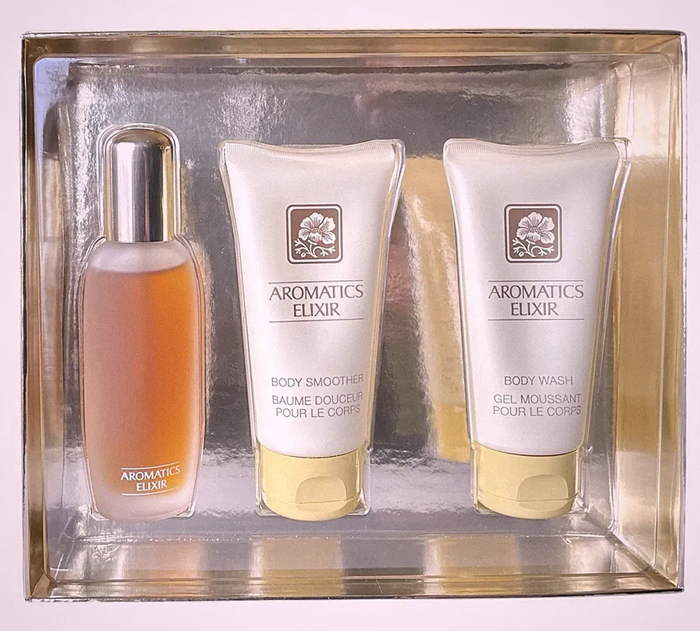 Vtg Clinique Aromatics Elixir Perfume + Body Smoother & Wash Set TRAVEL SIZE